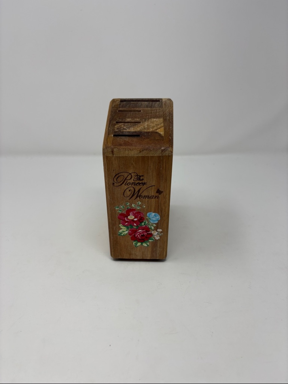 The Pioneer Woman Floral Wooden Knife Block in Brown with Red & Blue Accents